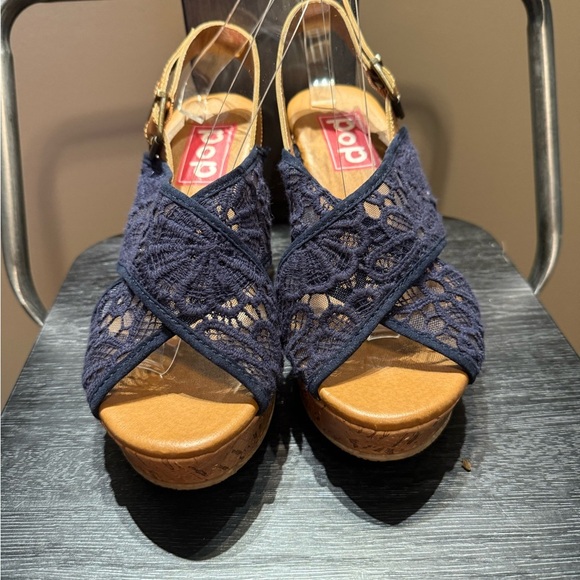 Pop Midnight Blue Lace Wedge Sandals - Picture 4 of 15